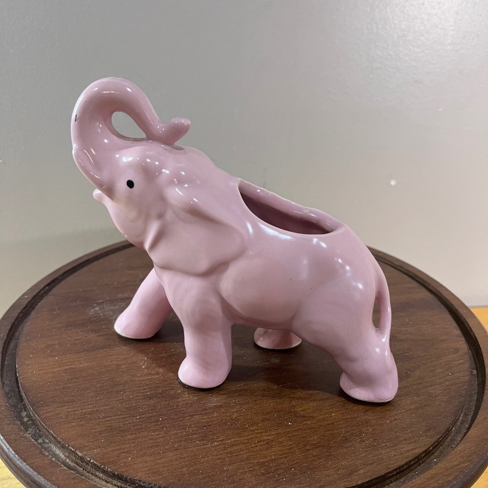 Vtg Pink Ceramic Elephant Planter Trunk Up Lucky Figurine Mid Century Modern